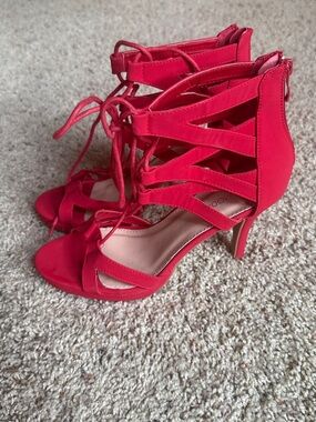 Red Lace-Up Strappy High Heel Sandals
